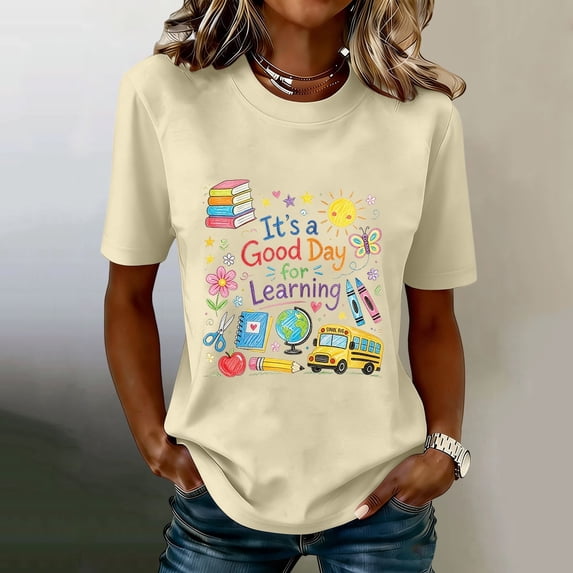 Women's Graphic Short Sleeve Teacher T-Shirt Butter T Shirt Teach Tshirt Cute Teacher Life Shirts Special Education Tee Inspirational Tops Beige,L