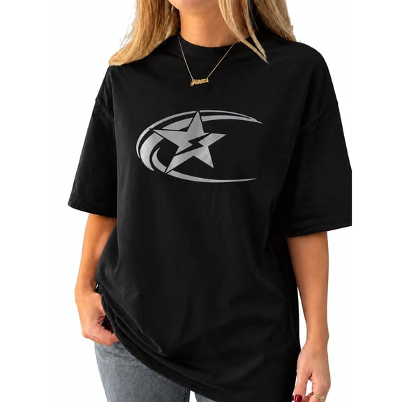 Women's Graphic Star Print T-Shirt Casual Short Sleeve Crew Neck Relaxed Fit Tee Summer Top Black White