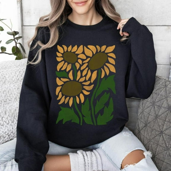 Women's Graphic Sweatshirt, Boho Sunflower Sweatshirt, Floral Print T-Shirt, Vintage Tops，Crew neck，Causal，cotton，black，S-3XL