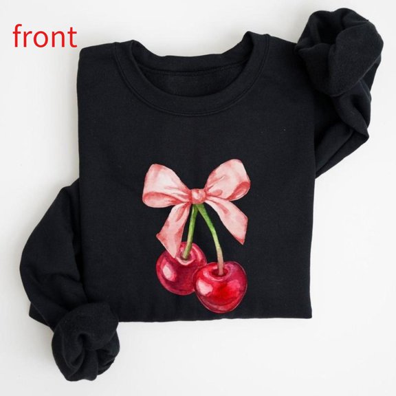 Women's Graphic Sweatshirt, Cute Cherries & Bows T-Shirt, Pattern printing,Casual Crew Neck Tops,Fashion,cotton,black,S-3XL