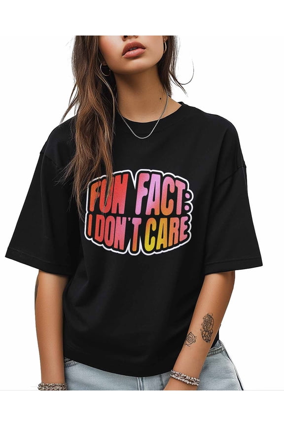 Women's Graphic T-Shirt Black 2XL Women's Tops Fun Fact: I Don't Care Crew Neck Short Sleeve Shirts for Women