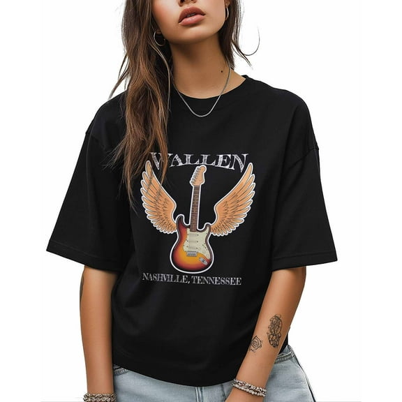 Women's Graphic T-Shirt Black 4XL Women's Tops Guitar with Wings Crew Neck Short Sleeve Shirts for Women