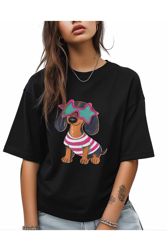 Women's Graphic T-Shirt Black 4XL Women's Tops Squirrel Dog with Glasses Green Crew Neck Short Sleeve Shirts for Women