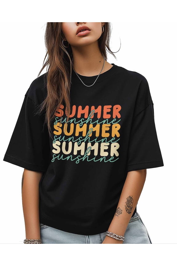 Women's Graphic T-Shirt Black 5XL Women's Tops Summer Sunshine Orange Crew Neck Short Sleeve Shirts for Women