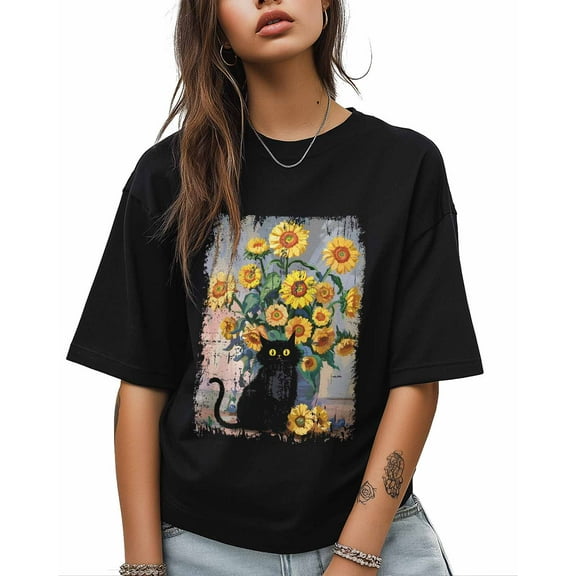 Women's Graphic T-Shirt Black L Women's Tops Abstract Sunflowers Funny Cat Crew Neck Short Sleeve Shirts for Women