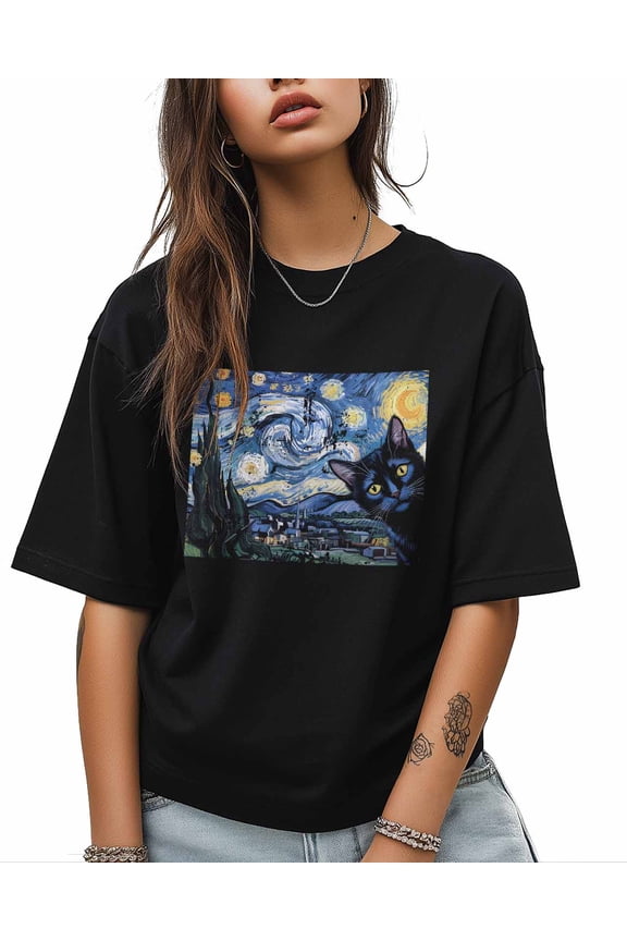 Women's Graphic T-Shirt Black L Women's Tops Funny Black Cat Cartoon Illustration Crew Neck Short Sleeve Shirts for Women