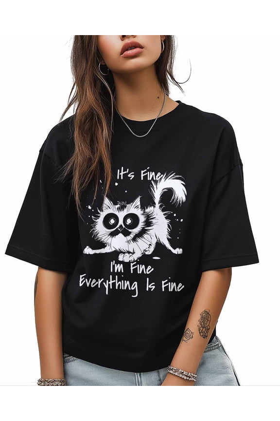 Women's Graphic T-Shirt Black L Women's Tops Funny Cat Digital Illustration Crew Neck Short Sleeve Shirts for Women