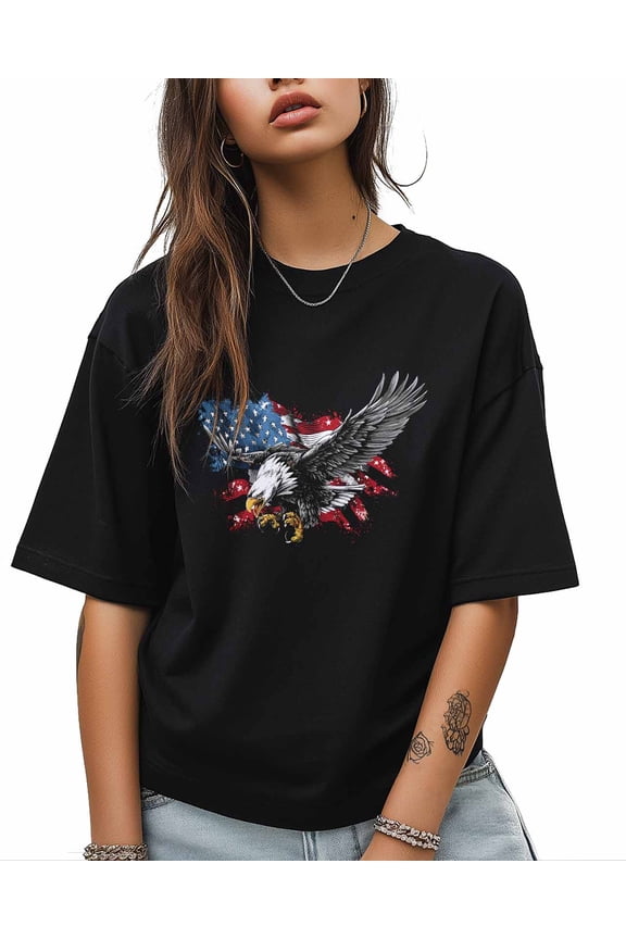 Women's Graphic T-Shirt Black L Women's Tops USA Flag Patriotic Eagle Crew Neck Short Sleeve Shirts for Women