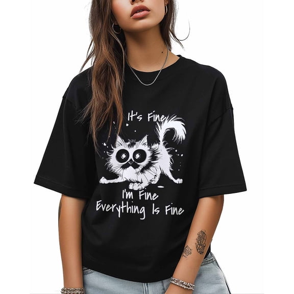 Women's Graphic T-Shirt Black M Women's Tops Funny Cat Digital Illustration Crew Neck Short Sleeve Shirts for Women