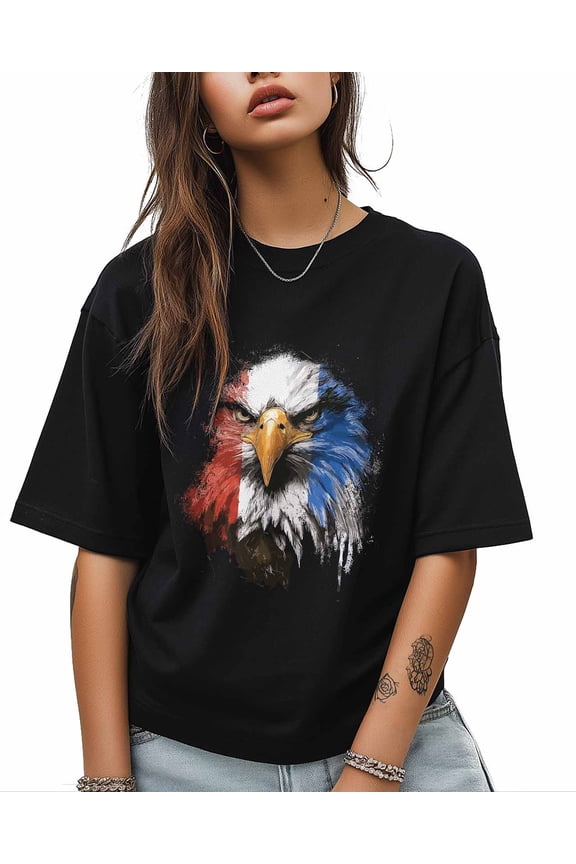 Women's Graphic T-Shirt Black M Women's Tops Patriotic Eagle Cartoon Crew Neck Short Sleeve Shirts for Women