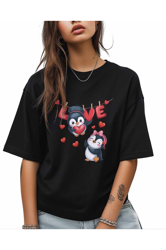 Women's Graphic T-Shirt Black M Women's Tops Valentine's Day Penguin Love Crew Neck Short Sleeve Shirts for Women