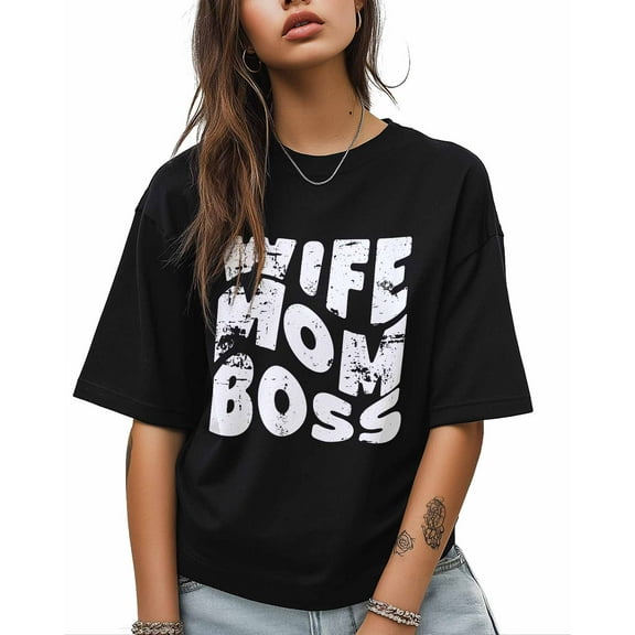 Women's Graphic T-Shirt Black M Women's Tops Wife Mom Boss Crew Neck Short Sleeve Shirts for Women