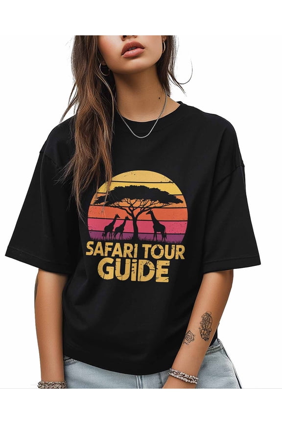 Women's Graphic T-Shirt Black XL Women's Tops Giraffes under The Tree Crew Neck Short Sleeve Shirts for Women