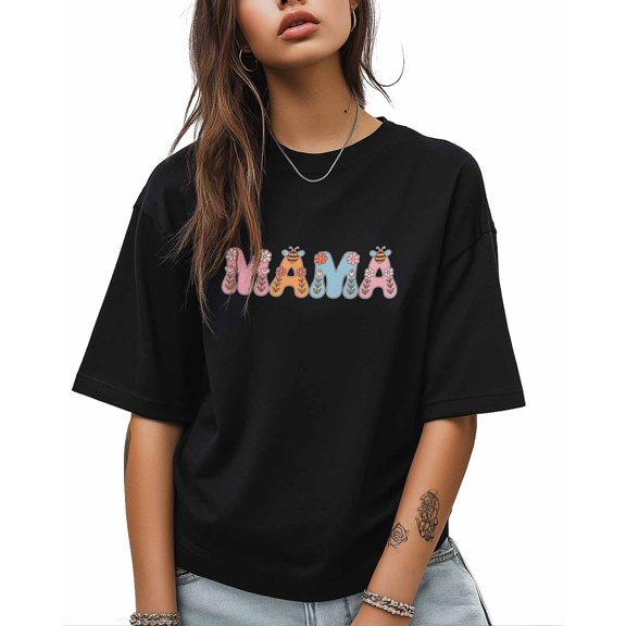 Women's Graphic T-Shirt Black XL Women's Tops MAMA Crew Neck Short Sleeve Shirts for Women