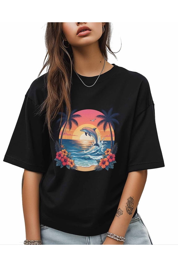 Women's Graphic T-Shirt Black XL Women's Tops Oceans Summer Dolphins Crew Neck Short Sleeve Shirts for Women