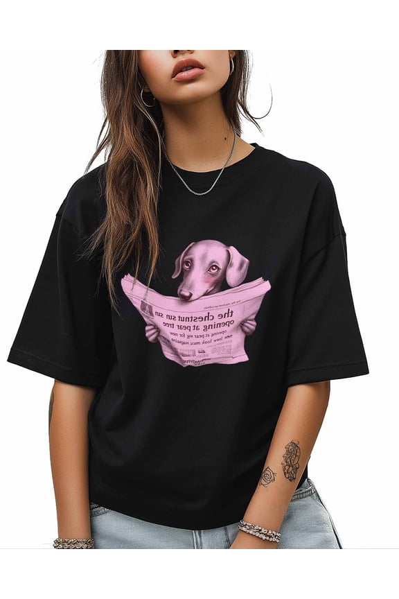 Women's Graphic T-Shirt Black XL Women's Tops Watch Newspaper Puppy Pink Crew Neck Short Sleeve Shirts for Women
