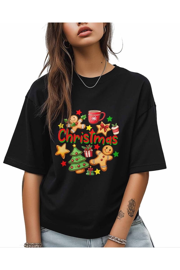 Women's Graphic T-Shirt Black XS Women's Tops Christmas Gingerbread Man Stars Crew Neck Short Sleeve Shirts for Women