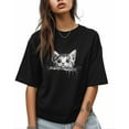 thumbnail image 1 of Women's Graphic T-Shirt Black XS Women's Tops Cute Cat Crew Neck Short Sleeve Shirts for Women, 1 of 3