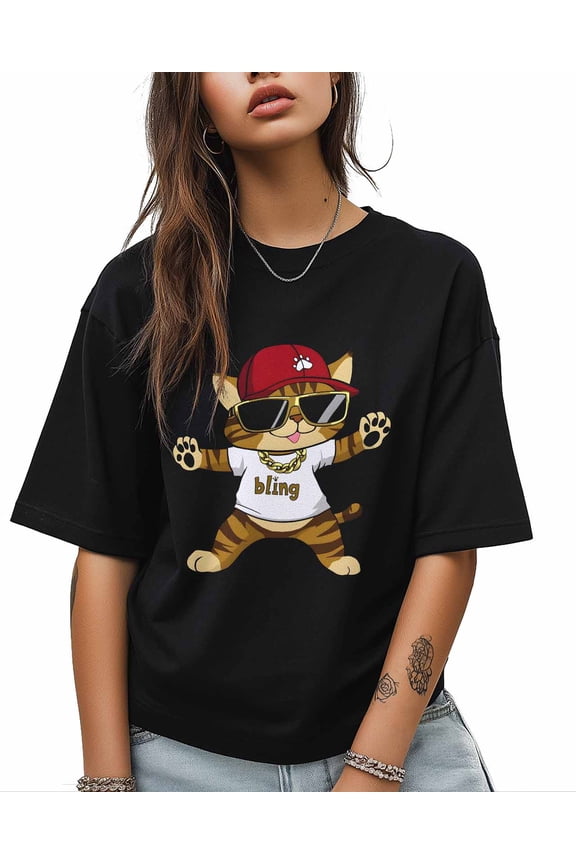 Women's Graphic T-Shirt Black XS Women's Tops Cute Red Kitty Cat Crew Neck Short Sleeve Shirts for Women