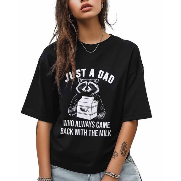 Women's Graphic T-Shirt Black XS Women's Tops Raccoon Dad Bringing Milk Crew Neck Short Sleeve Shirts for Women