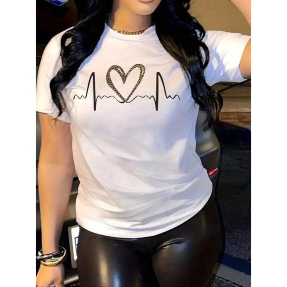 Women's Graphic T-Shirt,Casual Short Sleeve Top,Heart & Heartbeat Print Tee,Summer Daily Wear Tops,Classic,cotton,white,S-5XL