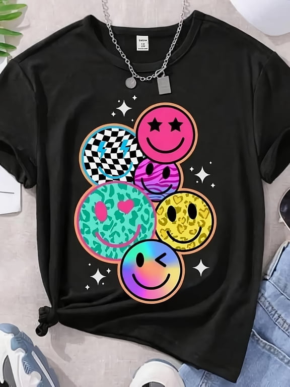Women’s Graphic T-Shirt Colorful Smiley Face Print Casual Short Sleeve Crew Neck Cute Summer Tee