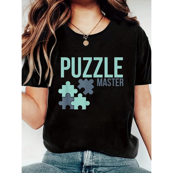 Women's Graphic T-Shirt, Connecting Puzzle Pieces Design, 100% Cotton Soft Crew Neck