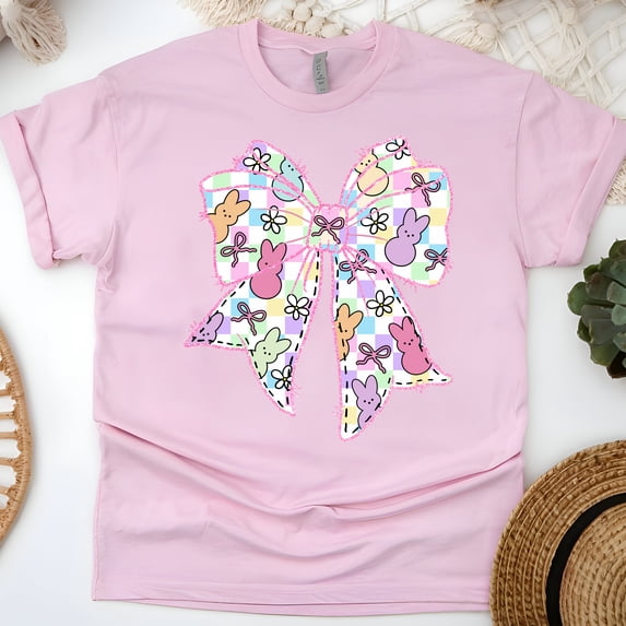 Women's Graphic T-Shirt Cute Bunny Bow Design, Short Sleeve Crewneck, Light Pink, Size 3XL