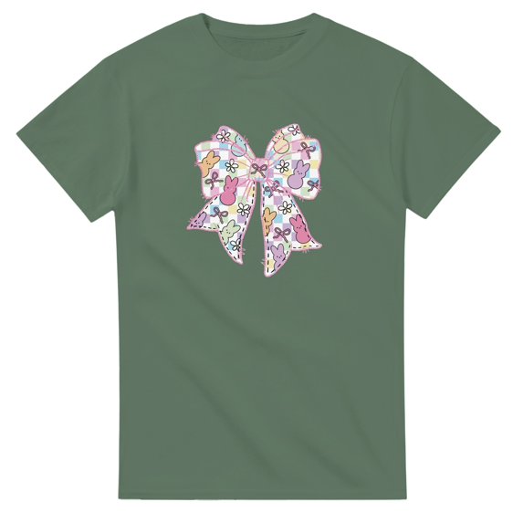Women's Graphic T-Shirt Cute Bunny Bow Design, Short Sleeve Crewneck, Military Green, Size XL