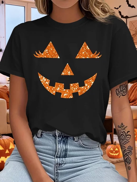Women's Graphic T-Shirt, Glitter Pumpkin Face Jack O Lantern Eyelash Halloween Print Crew Neck Short Sleeve Holiday Party Casual Tops