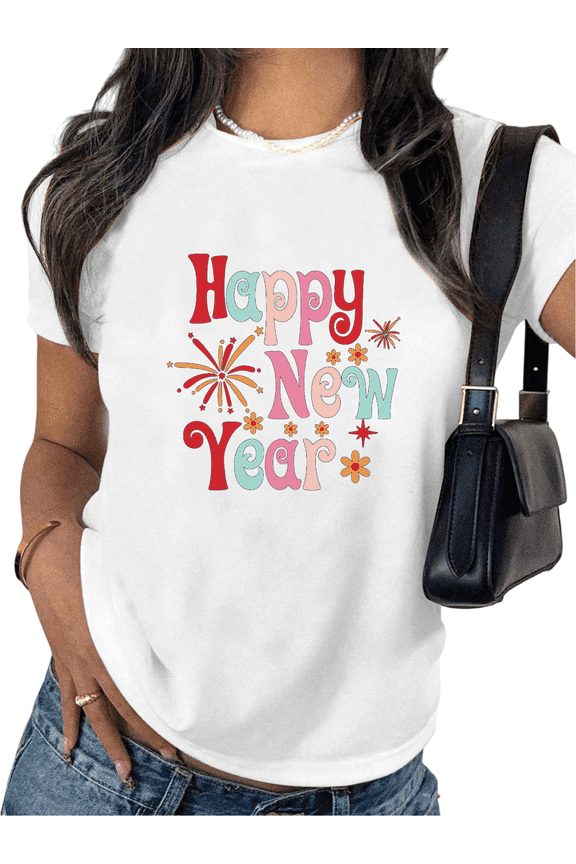 Women's Graphic T-Shirt - Happy New Year Pop Art Print Short Sleeve Tee - Retro Vintage Funky Confetti Celebration Tops, Festival Gifts Apparel