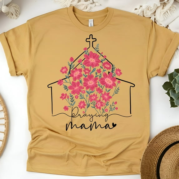 Women’s Graphic T-Shirt Praying Mama Church Floral Print | Christian Faith Tee, Gold, Size M