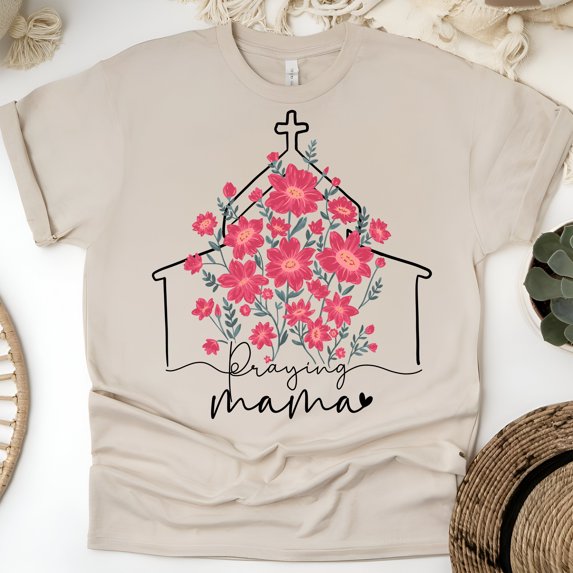 Women’s Graphic T-Shirt Praying Mama Church Floral Print | Christian Faith Tee, Sand, Size M