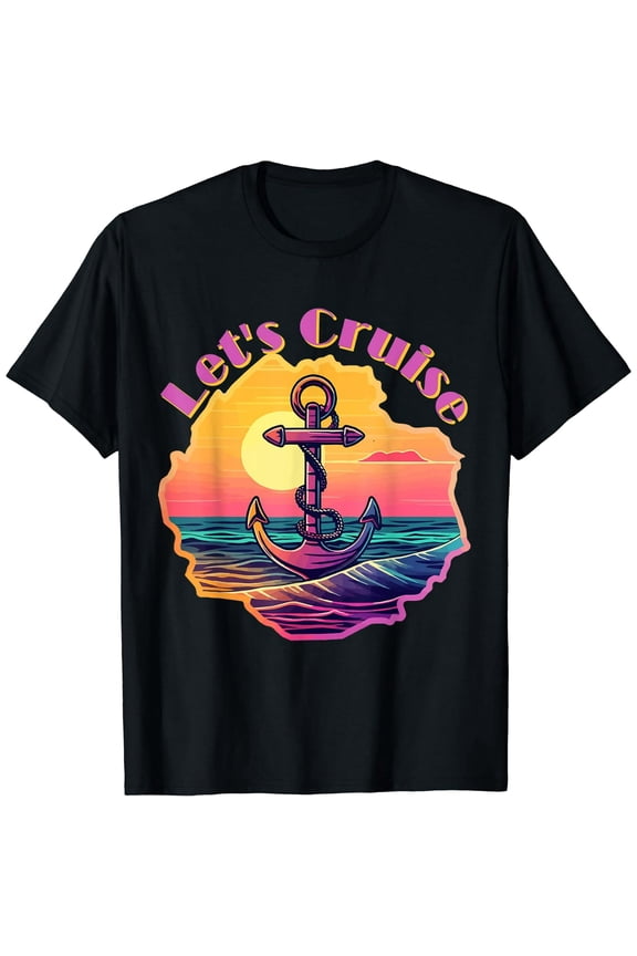 Women's Graphic T-Shirt Short Sleeve Retro Anchor Sunset Cruise Vacation