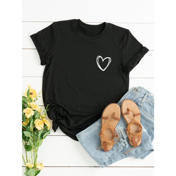 Women's Graphic T-Shirt, Simple heart-shaped design，Comfort Fit Tops, Summer Tee，Crew neck，Causal，cotton，black，S-5XL