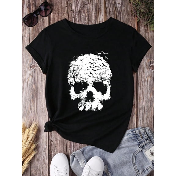 Women's Graphic T-Shirt,Skull Hollow Out Print Tee Top,Interesting design,Round neck,Fashion,cotton,black,S-5XL