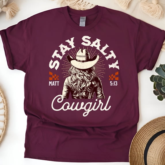 Women's Graphic T-Shirt Stay Salty Cowgirl Western Christian Tee – White, Short Sleeve, Maroon, Size 3XL