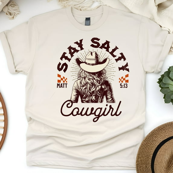 Women's Graphic T-Shirt Stay Salty Cowgirl Western Christian Tee – White, Short Sleeve, Natural, Size 3XL