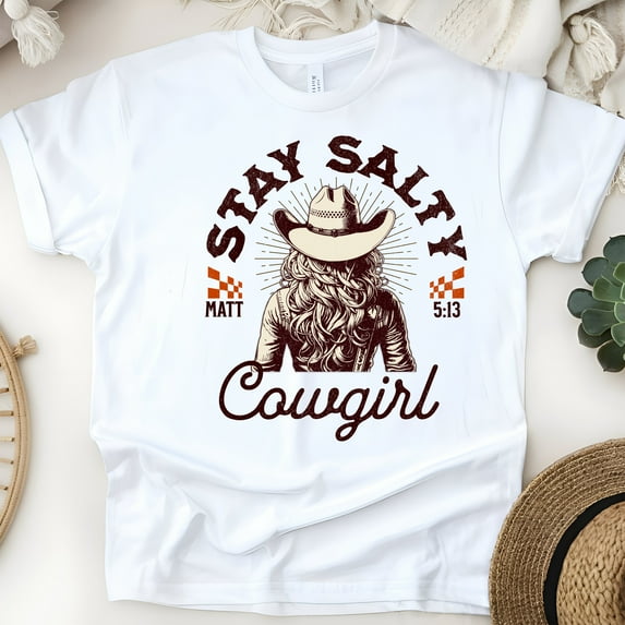 Women's Graphic T-Shirt Stay Salty Cowgirl Western Christian Tee – White, Short Sleeve, White, Size S