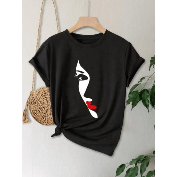 Women's Graphic T-Shirt,Vibrant Red Lips Print,Soft Stretchy & Breathable Everyday Tee,Causal Comfort Tops,Classic,cotton,black,S-5XL