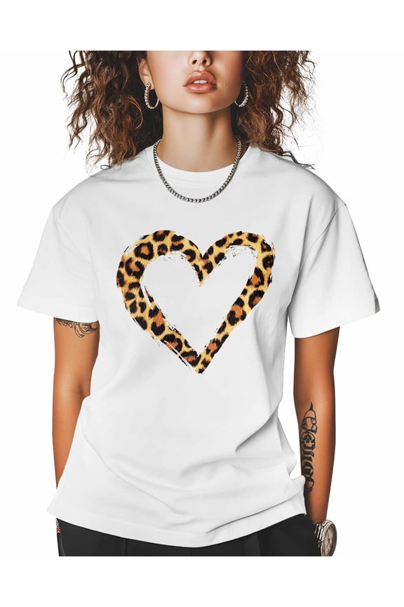 Women's Graphic T-Shirt White 2XL Women's Tops Leopard Print Love Cartoon Crew Neck Short Sleeve Shirts for Women