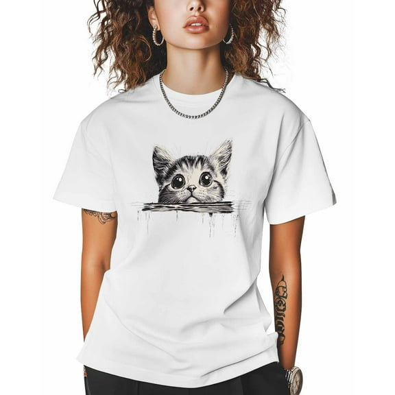 Women's Graphic T-Shirt White 3XL Women's Tops Cute Cat Crew Neck Short Sleeve Shirts for Women