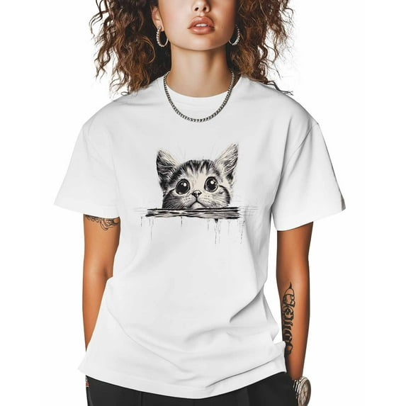 Women's Graphic T-Shirt White 3XL Women's Tops Cute Cat Crew Neck Short Sleeve Shirts for Women