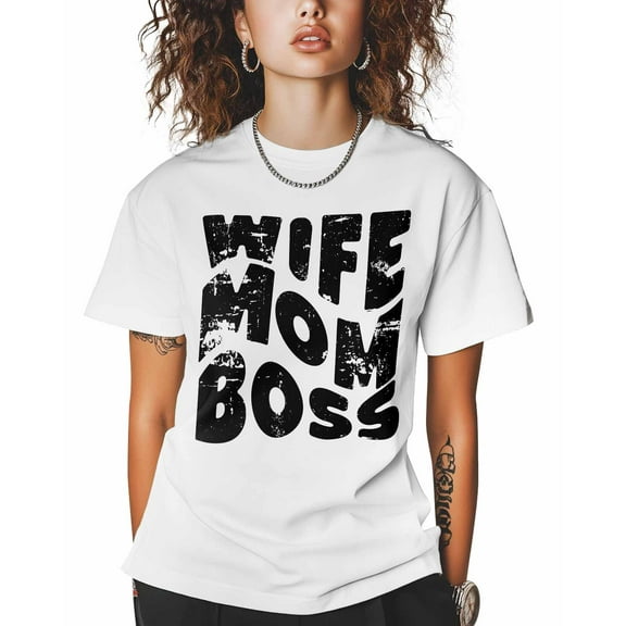 Women's Graphic T-Shirt White 3XL Women's Tops Wife Mom Boss Crew Neck Short Sleeve Shirts for Women