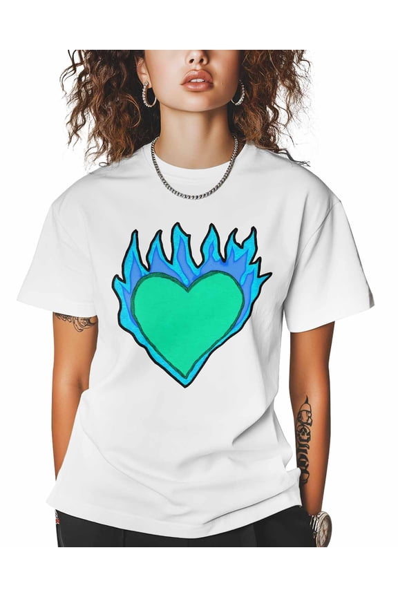 Women's Graphic T-Shirt White 4XL Women's Tops Flame Love Blue Crew Neck Short Sleeve Shirts for Women