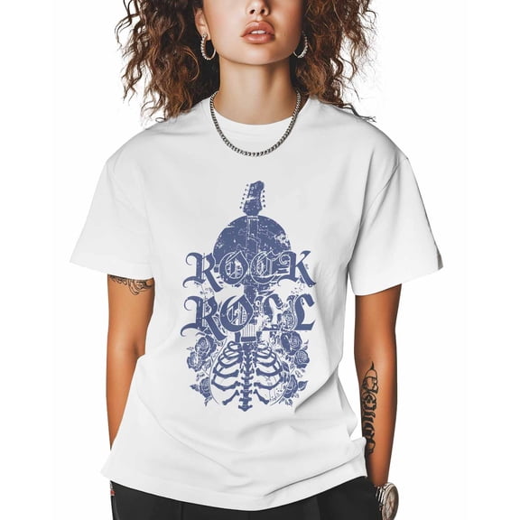 Women's Graphic T-Shirt White 5XL Women's Tops Abstract Guitar Skull Crew Neck Short Sleeve Shirts for Women