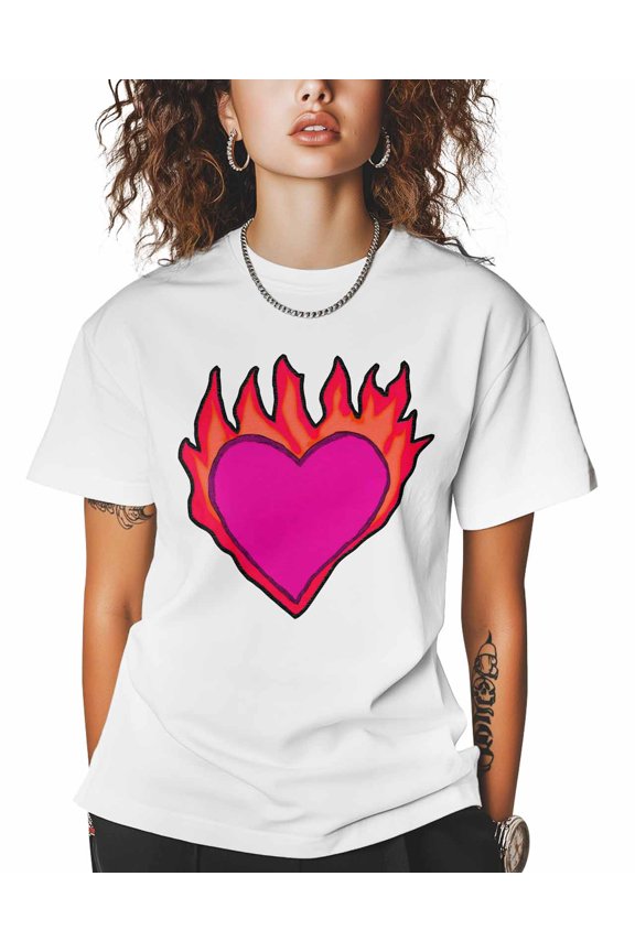 Women's Graphic T-Shirt White 5XL Women's Tops Flame Love Pink Crew Neck Short Sleeve Shirts for Women