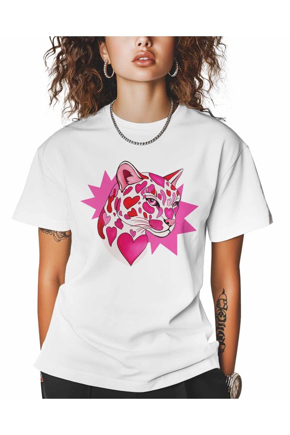 Women's Graphic T-Shirt White 5XL Women's Tops Pink Love Leopards Crew Neck Short Sleeve Shirts for Women