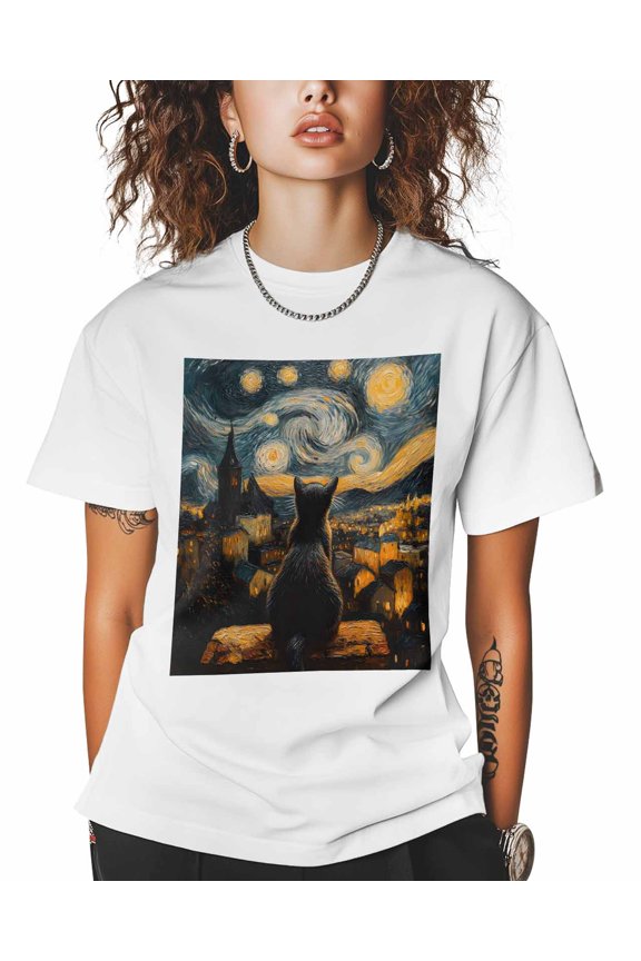 Women's Graphic T-Shirt White 5XL Women's Tops Starry Sky Cat House Crew Neck Short Sleeve Shirts for Women
