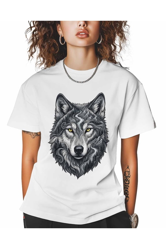 Women's Graphic T-Shirt White 5XL Women's Tops Wolf Forest Crew Neck Short Sleeve Shirts for Women